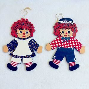 Vtg Wood Hand-Painted Raggedy Ann & Andy Christmas Ornaments Doll Book Novelty